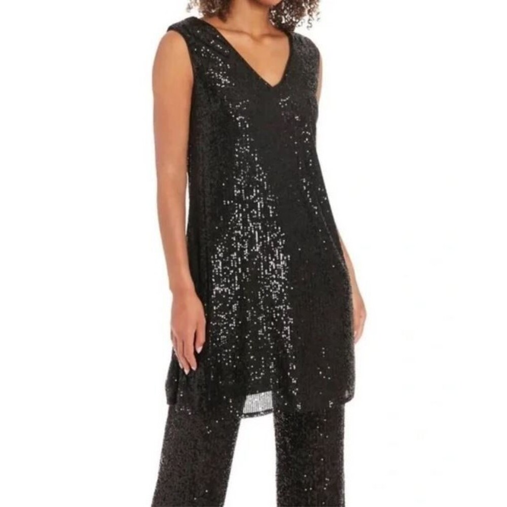 Muse Women’s V‑Neck Sleeveless Sequin Tunic Top Black NWT